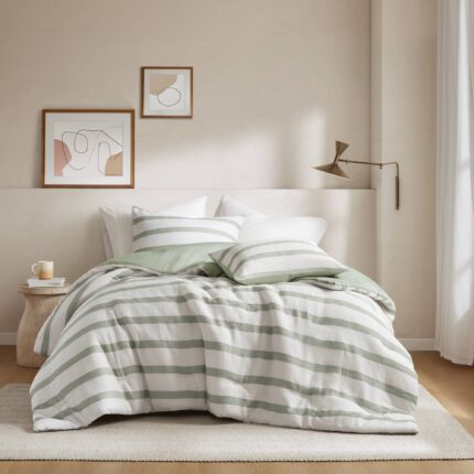 Merritt Striped Sage Green 3 Piece Comforter Set